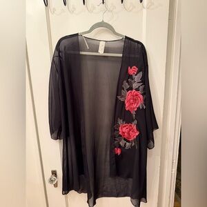 Black Sheer Kimono with Red Floral Embroidery